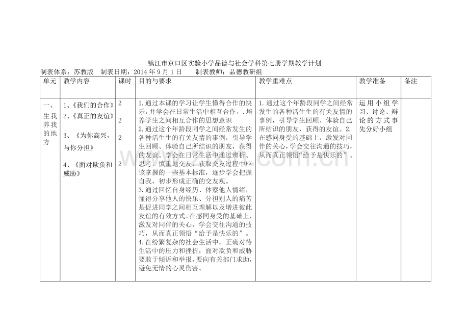 镇江市京口区实验小学品德与社会学科第七册学期教学计划.doc_第1页