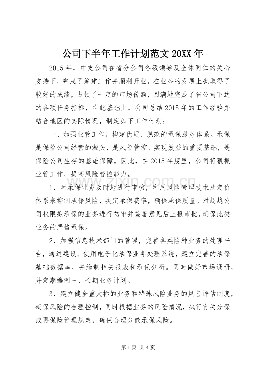 公司下半年工作计划范文20XX年.docx_第1页