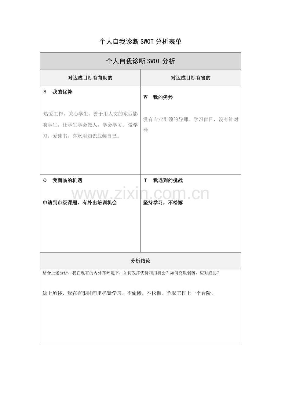 张平的个人自我诊断SWOT分析表.doc_第1页