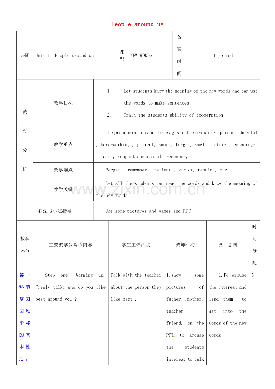 七年级英语下册 Module 1 People and places Unit 1 People around us教案1 （新版）牛津深圳版-牛津深圳版初中七年级下册英语教案.doc_第1页