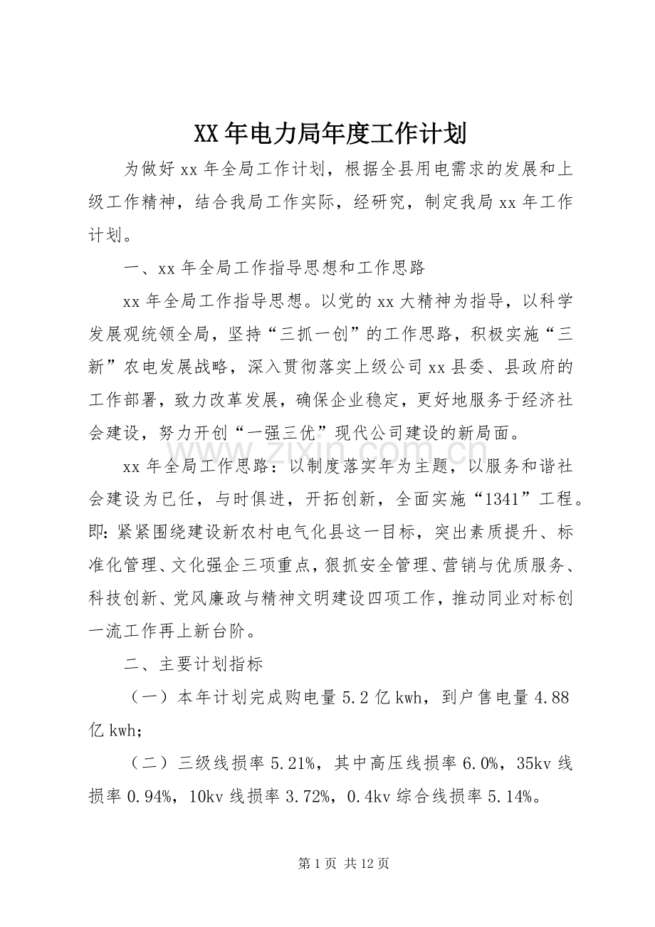 XX年电力局年度工作计划.docx_第1页