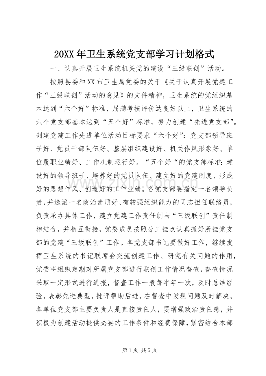 20XX年卫生系统党支部学习计划格式.docx_第1页