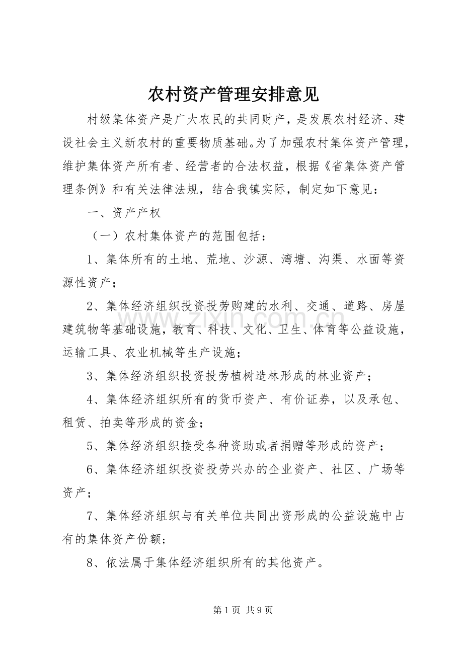 农村资产管理安排意见.docx_第1页