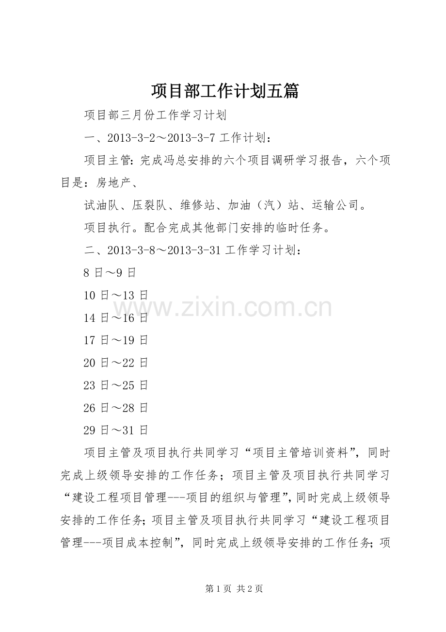 项目部工作计划五篇.docx_第1页