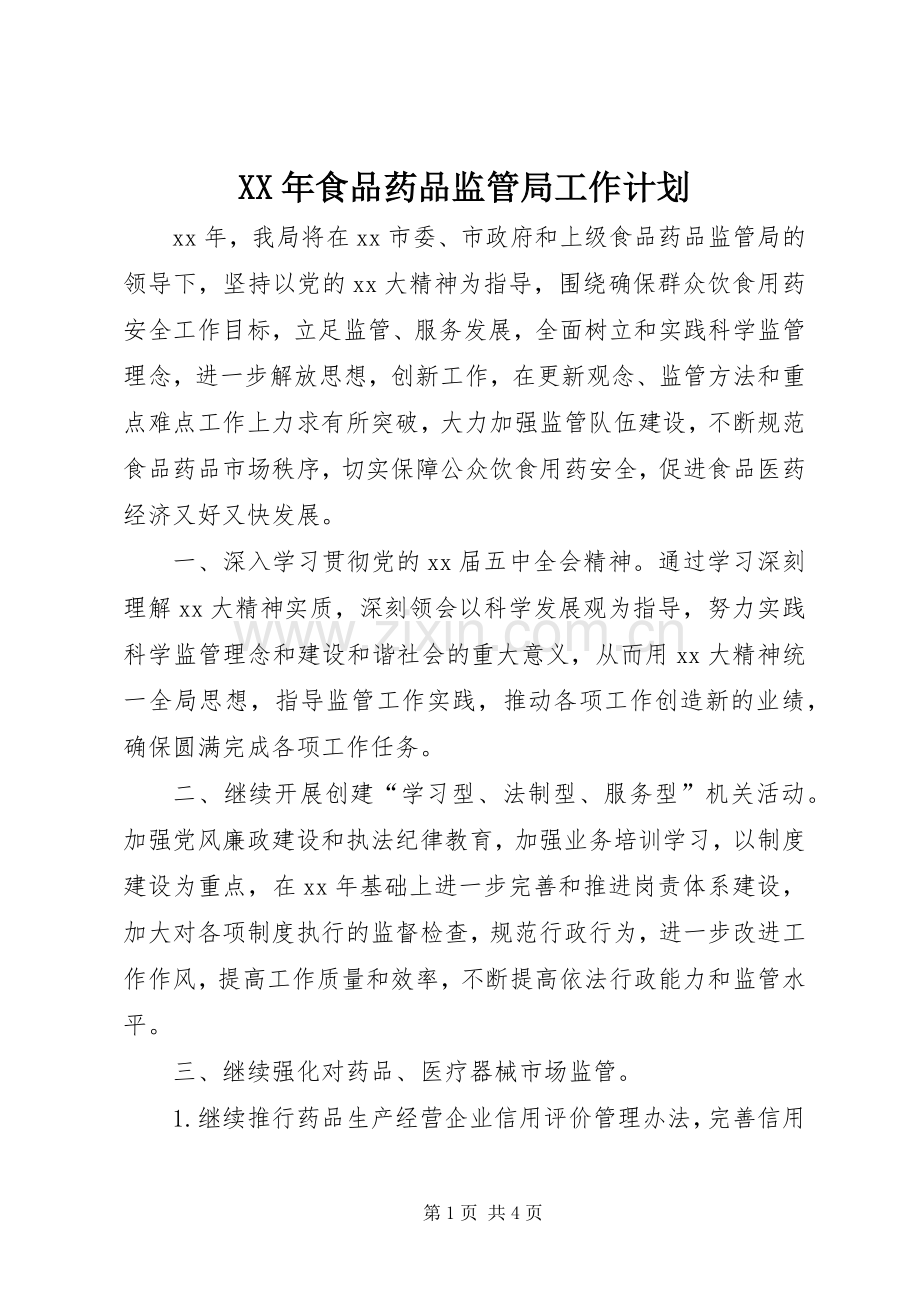 XX年食品药品监管局工作计划.docx_第1页
