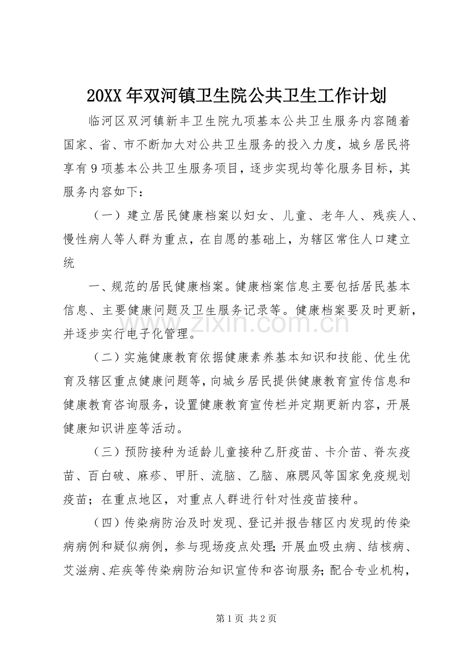 20XX年双河镇卫生院公共卫生工作计划 (5).docx_第1页