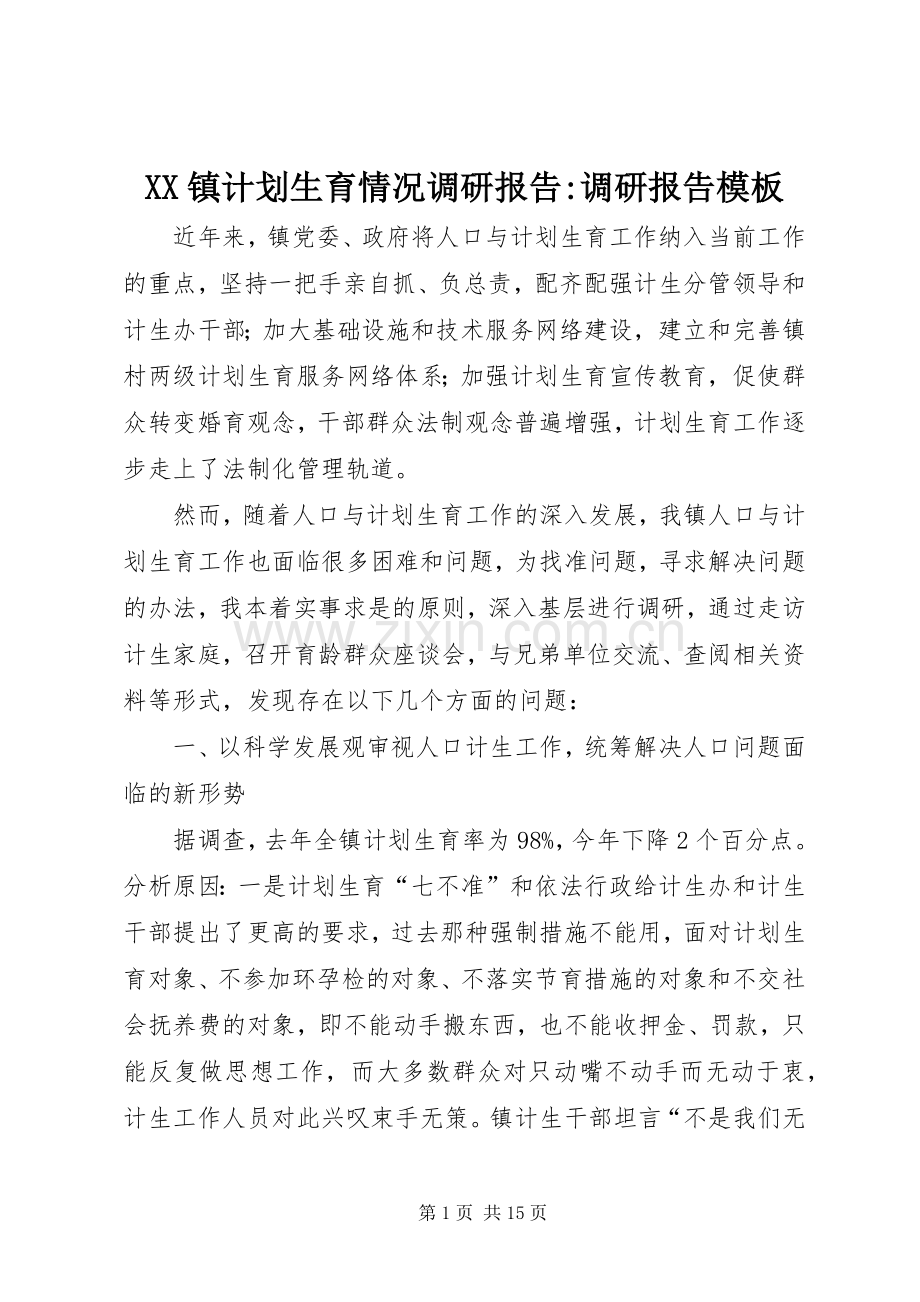 XX镇计划生育情况调研报告-调研报告模板.docx_第1页