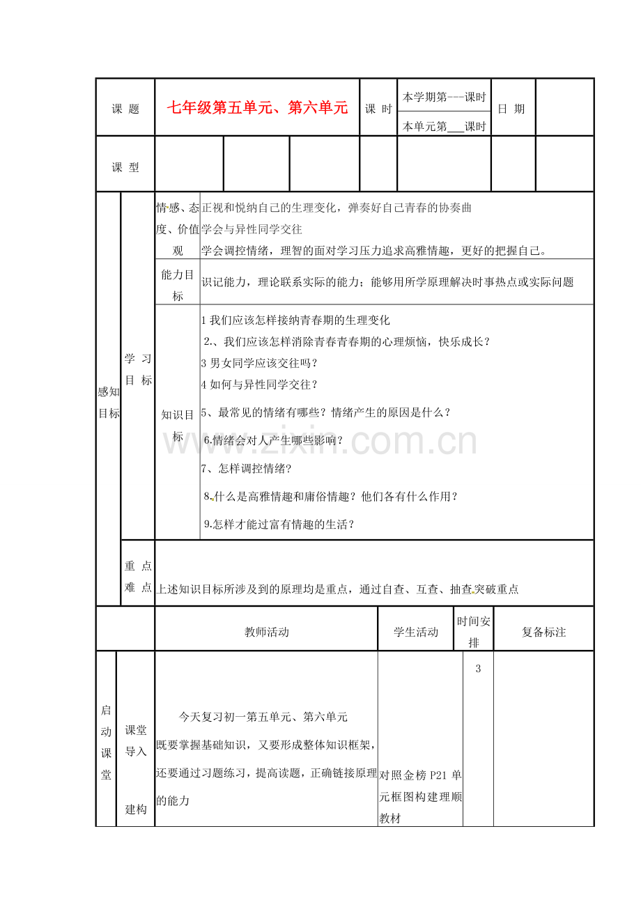 山东省邹平县实验中学七年级政治下册 第5、6单元复习教案 北师大版.doc_第1页