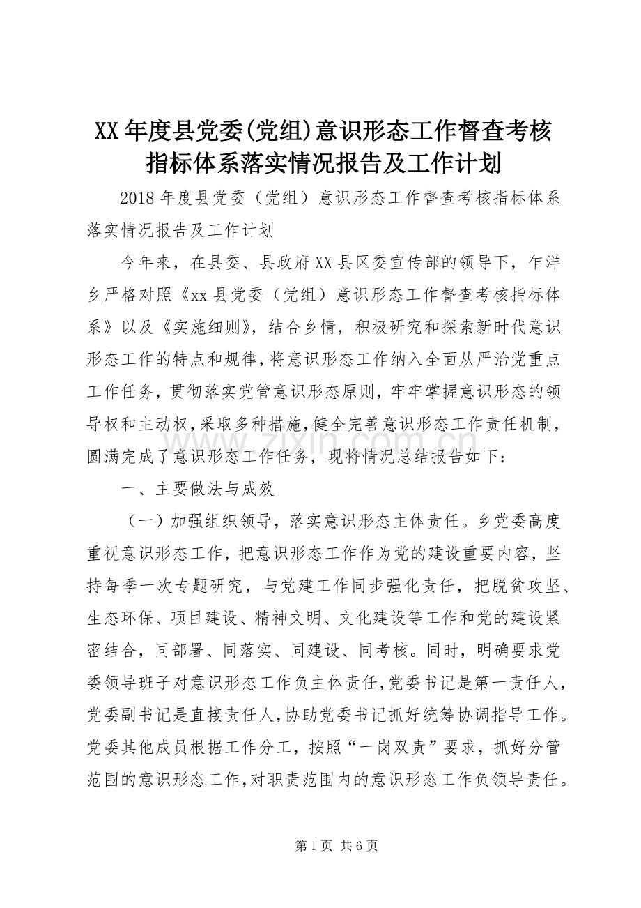 XX年度县党委(党组)意识形态工作督查考核指标体系落实情况报告及工作计划_1.docx_第1页