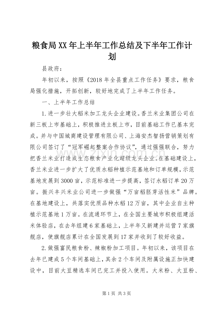 粮食局XX年上半年工作总结及下半年工作计划.docx_第1页