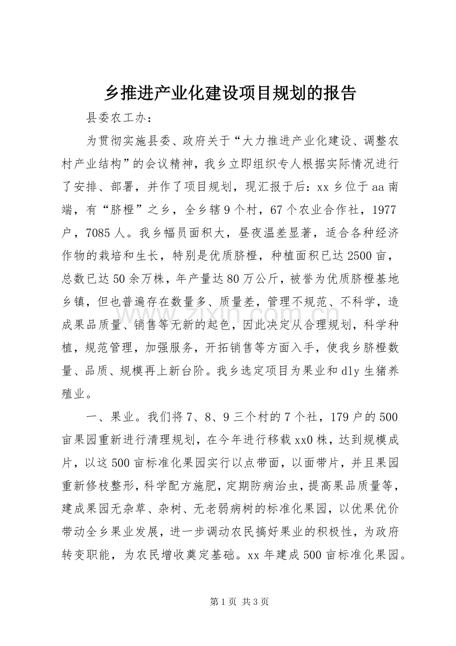 乡推进产业化建设项目规划的报告.docx_第1页