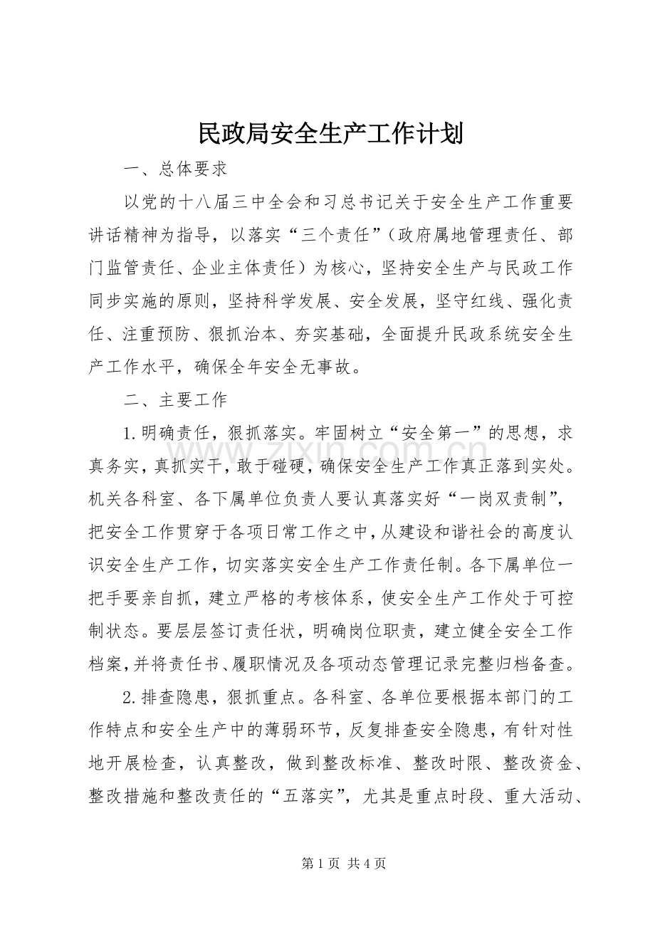 民政局安全生产工作计划.docx_第1页