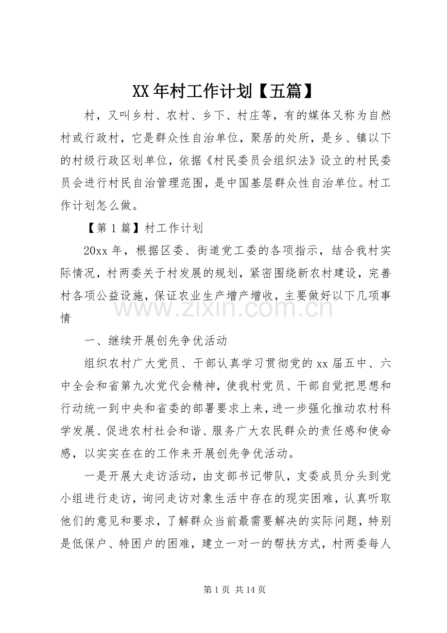 XX年村工作计划【五篇】.docx_第1页