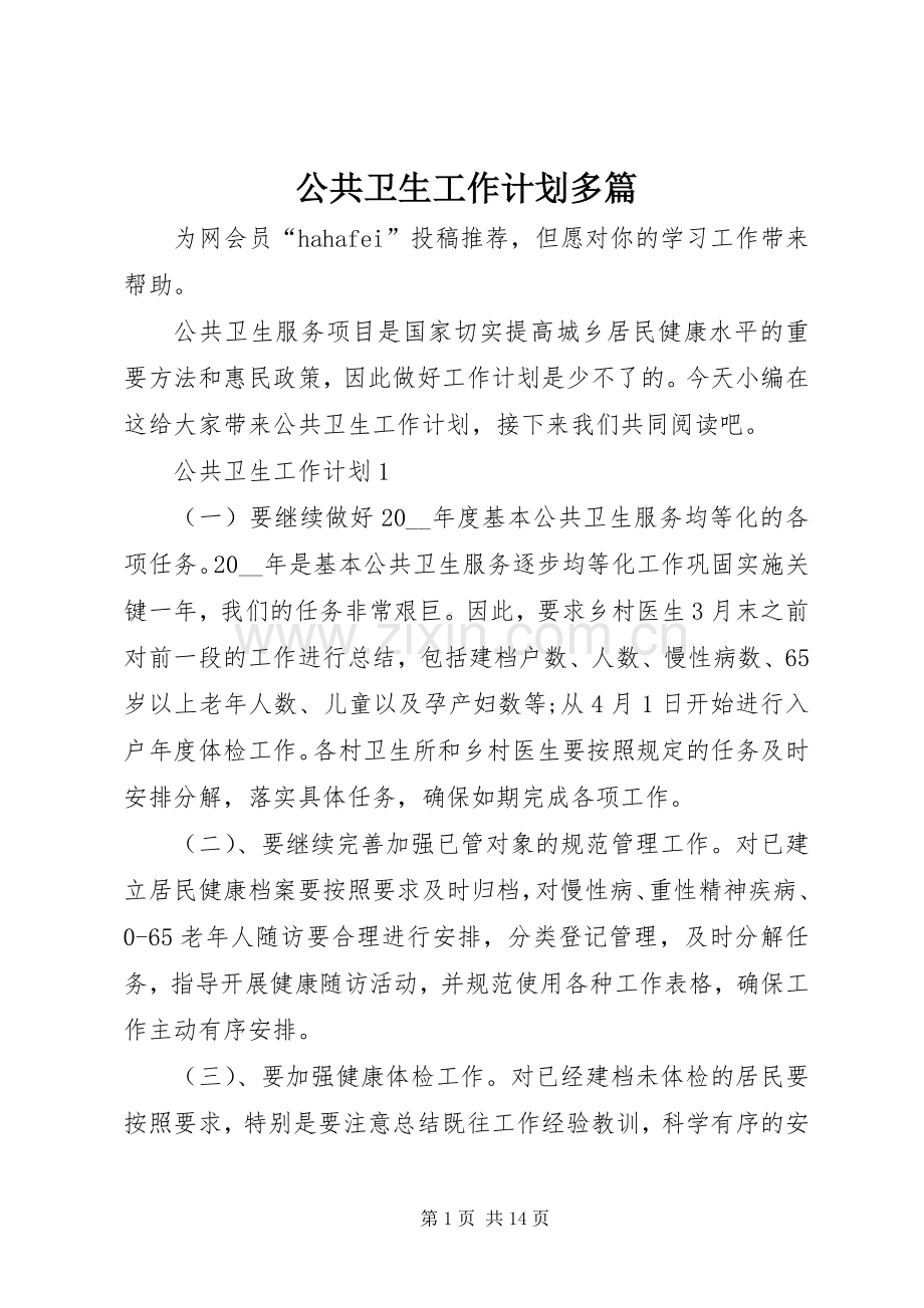 公共卫生工作计划多篇.docx_第1页