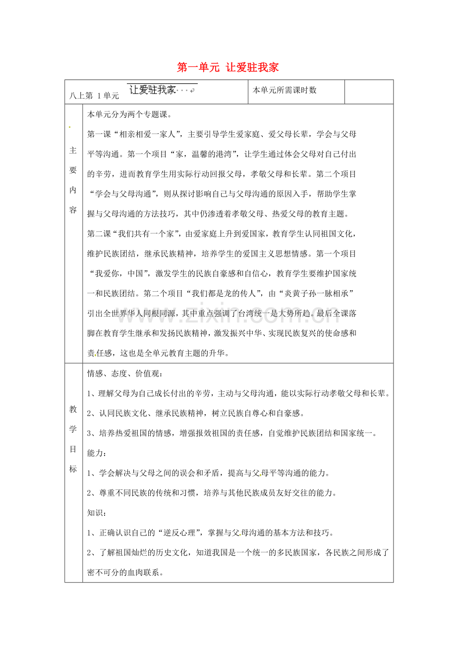 山东省邹平县实验中学八年级政治上册 第一单元 让爱驻我家教案 鲁教版.doc_第1页