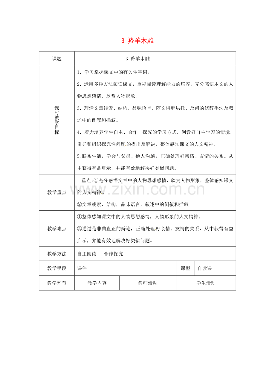 天津市宝坻区马家店镇初级中学七年级语文上册 3 羚羊木雕（第二课时）教案 （新版）新人教版.doc_第1页
