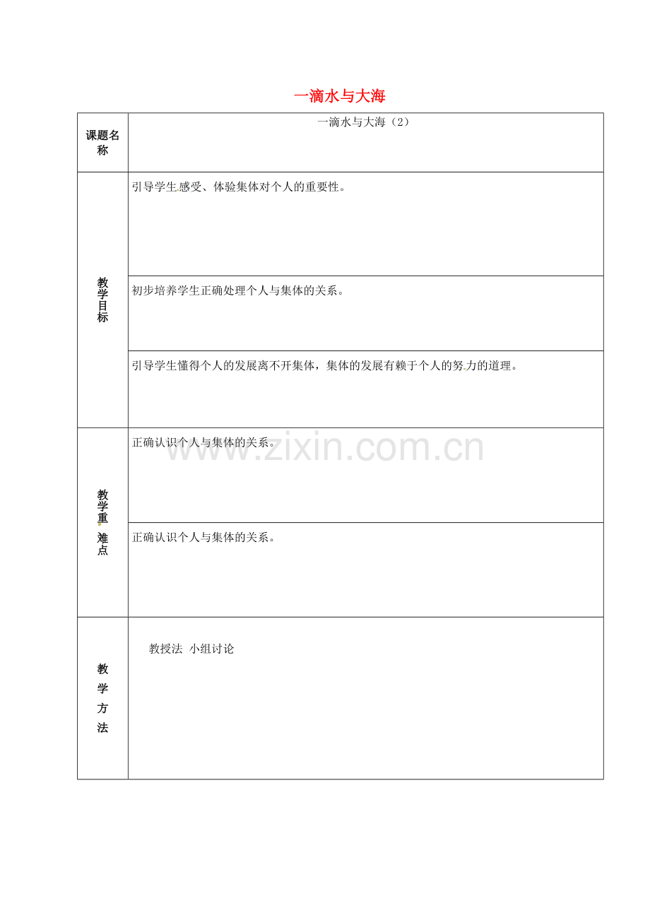 山东省章丘市龙山街道办党家中学七年级政治下册 第一单元 第二课 我与我们—一滴水与大海（第4课时）教案 教科版.doc_第1页