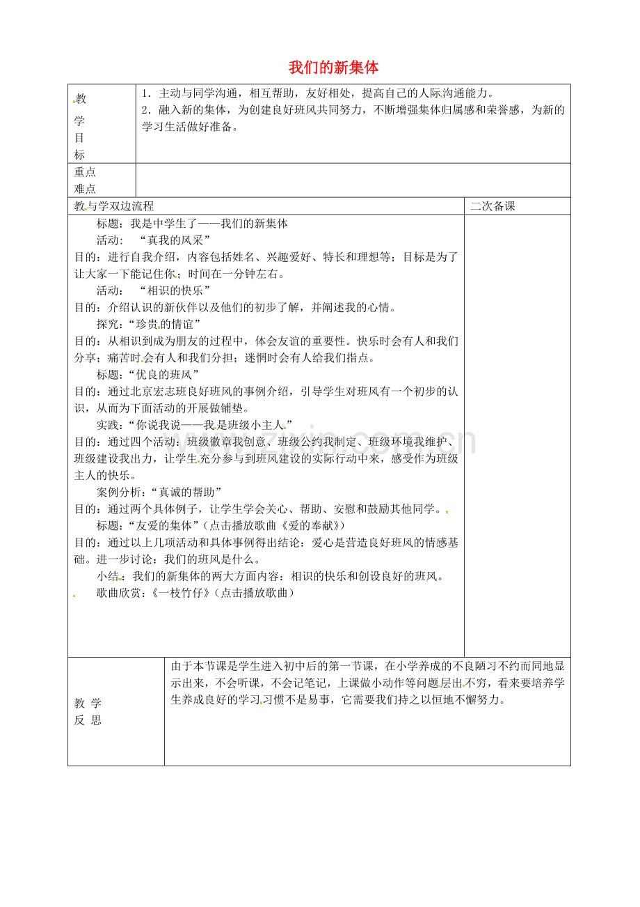 七年级政治上册 第一课 第1框 我们的新集体教案 苏教版-苏教版初中七年级上册政治教案.doc_第1页