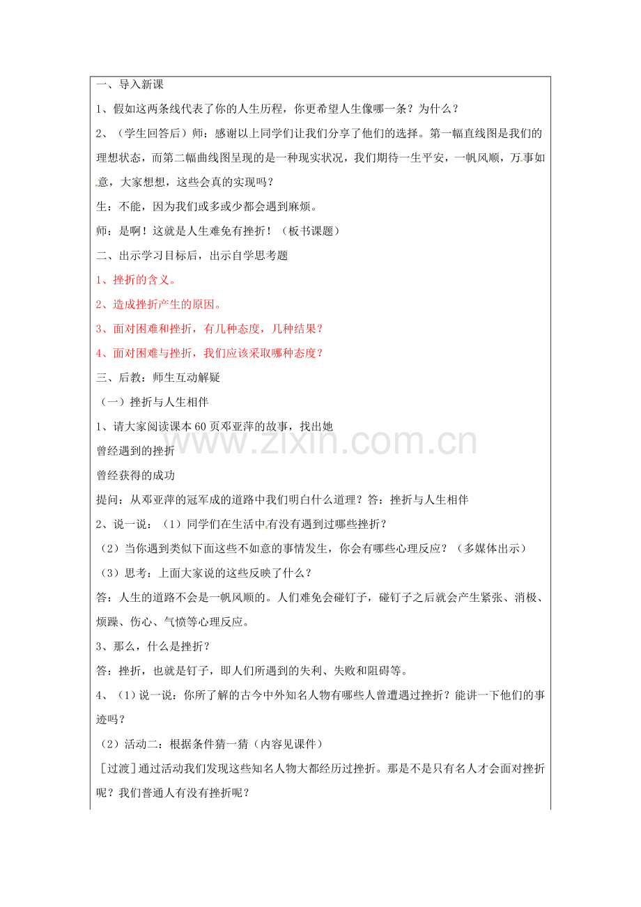 （秋季版）山东省七年级道德与法治上册 第四单元 历经风雨 才见彩虹 第七课 风雨中我在成长（第1课时 人生难免有挫折）教案 鲁人版六三制-鲁人版初中七年级上册政治教案.doc_第2页