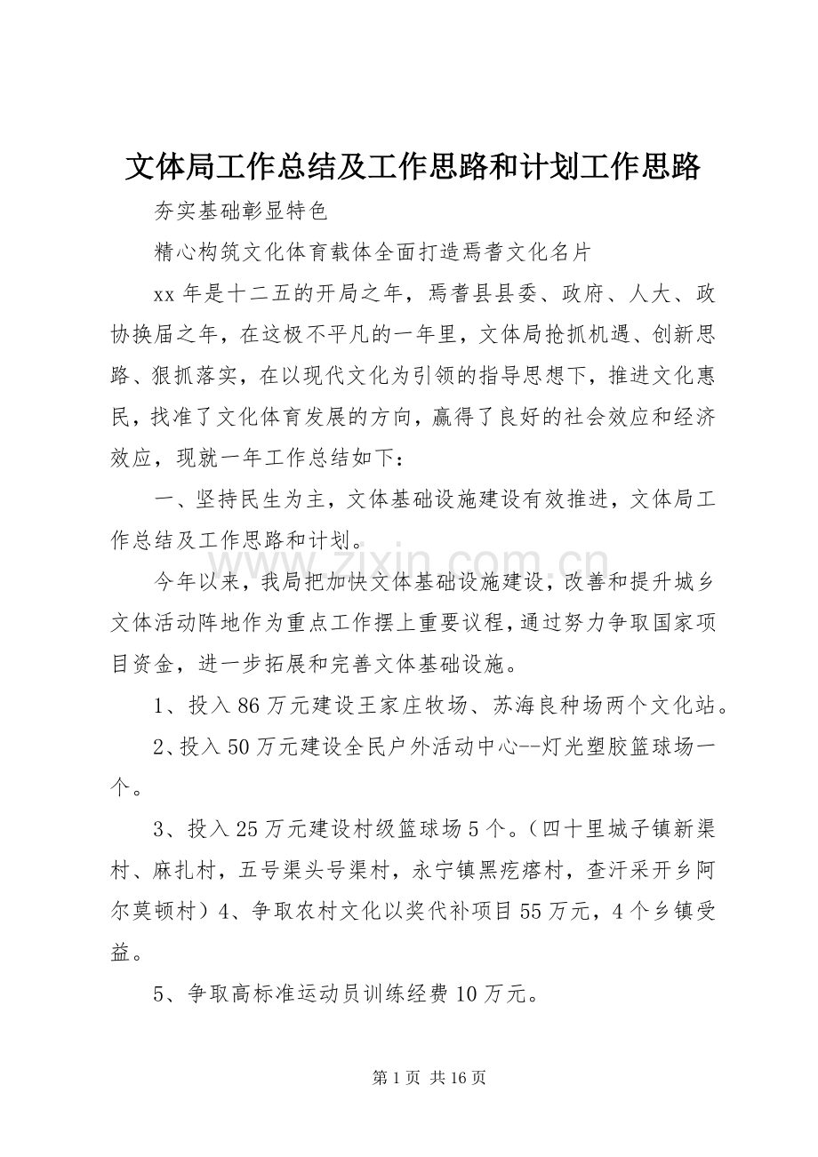文体局工作总结及工作思路和计划工作思路.docx_第1页