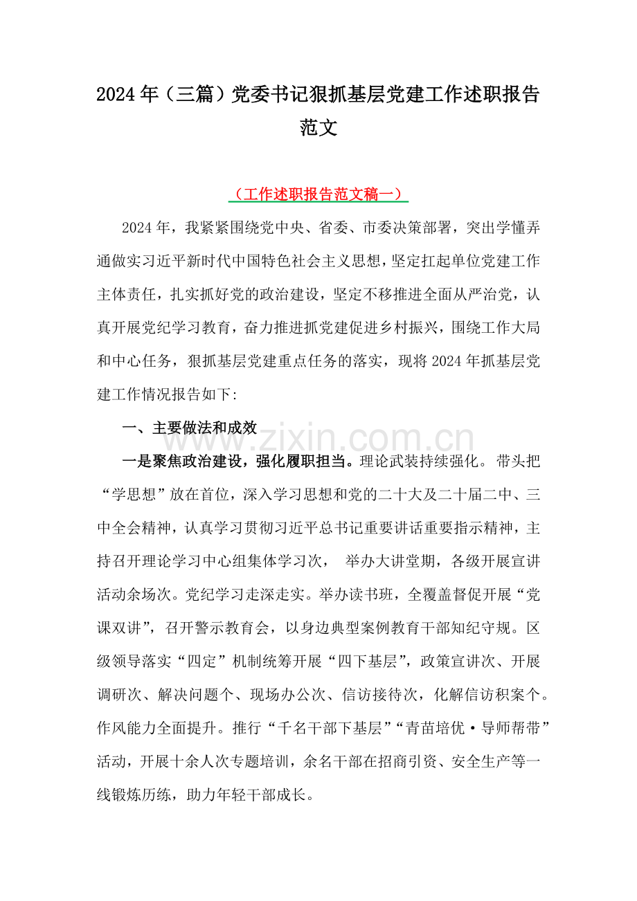 2024年（三篇）党委书记狠抓基层党建工作述职报告范文.docx_第1页