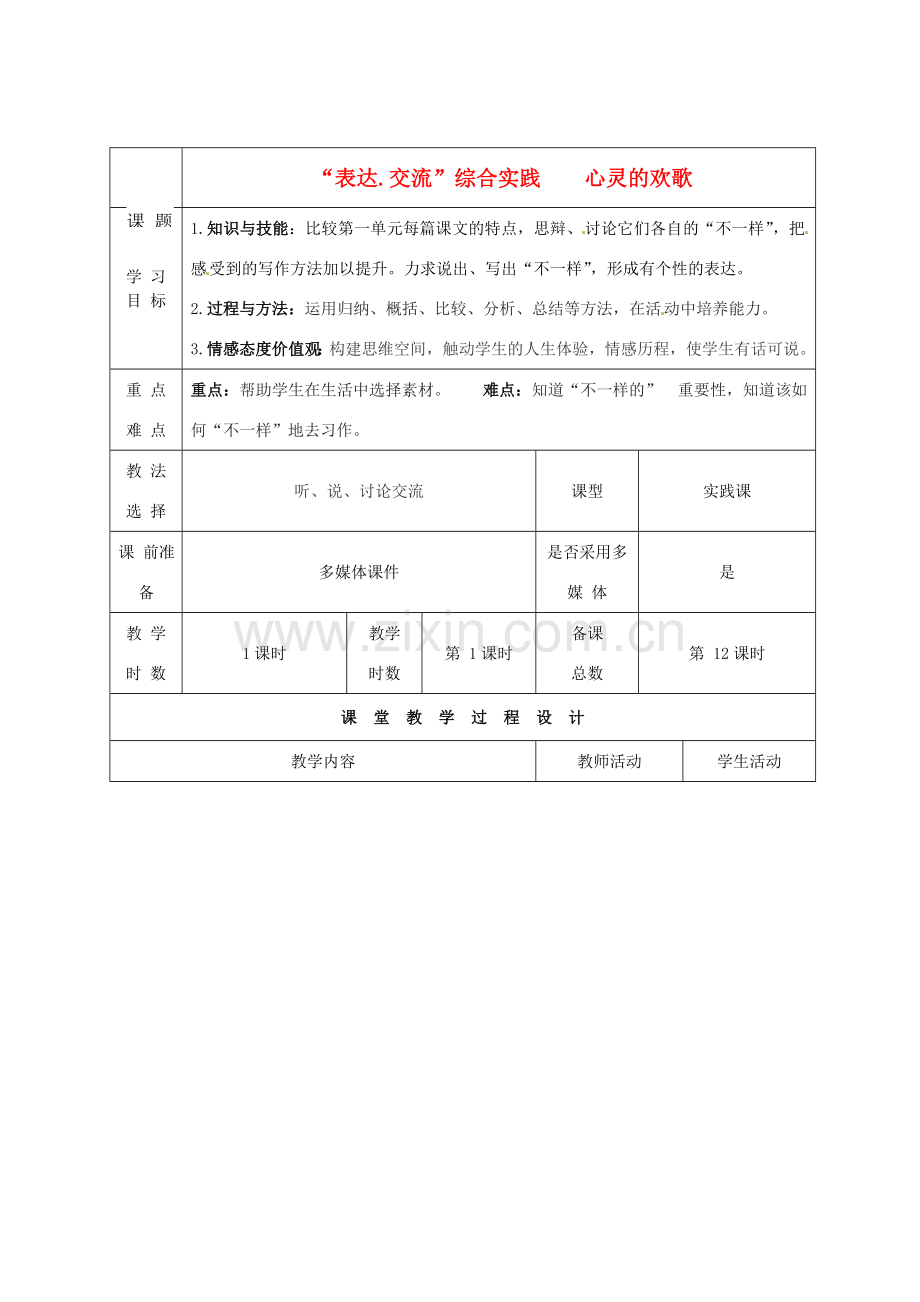 甘肃省酒泉市瓜州县第二中学七年级语文下册 第一单元 第十课《心灵的欢歌》教案 北师大版.doc_第1页