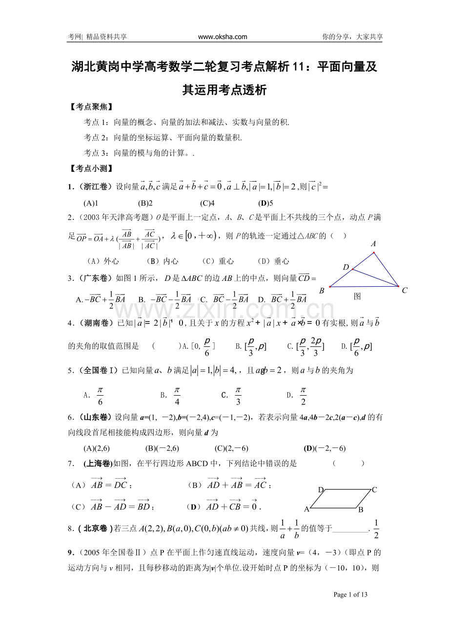 黄岗中学高考数学二轮复习考点解析11：平面向量及其运用考点透析20081020_3924888_.doc_第1页
