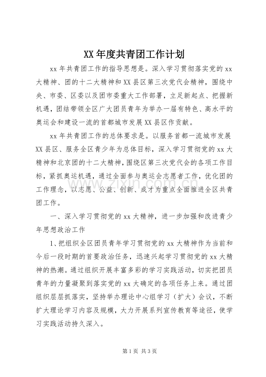 XX年度共青团工作计划.docx_第1页