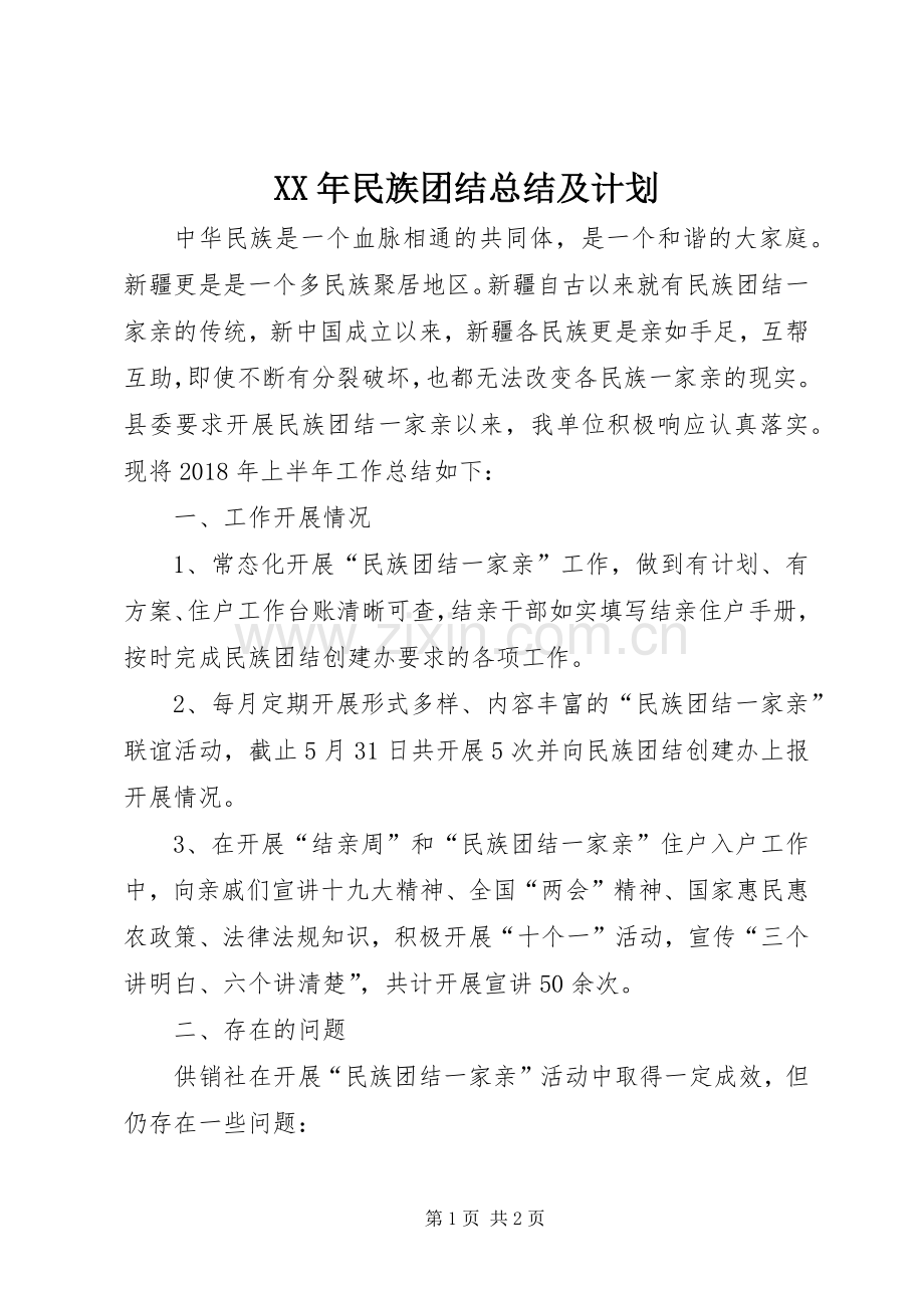 XX年民族团结总结及计划.docx_第1页