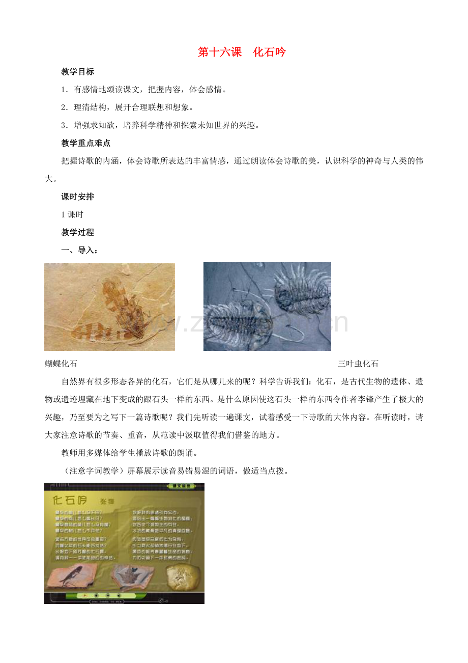 山东省济宁市实验中学七年级语文上册 第十六课《化石吟》教案 新人教版.doc_第1页