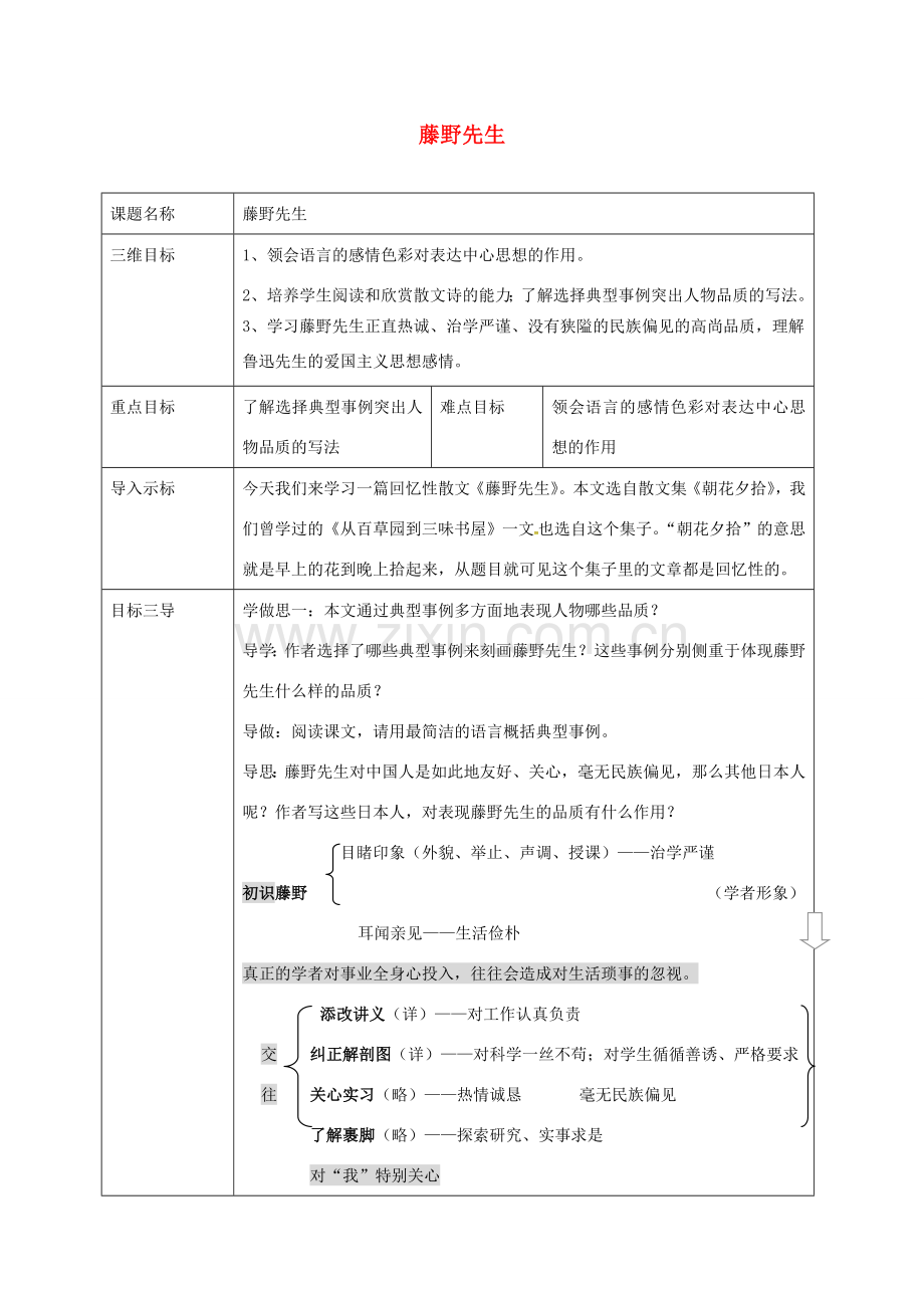 校八年级语文下册 1《藤野先生》教案 （新版）新人教版-（新版）新人教版初中八年级下册语文教案.doc_第1页