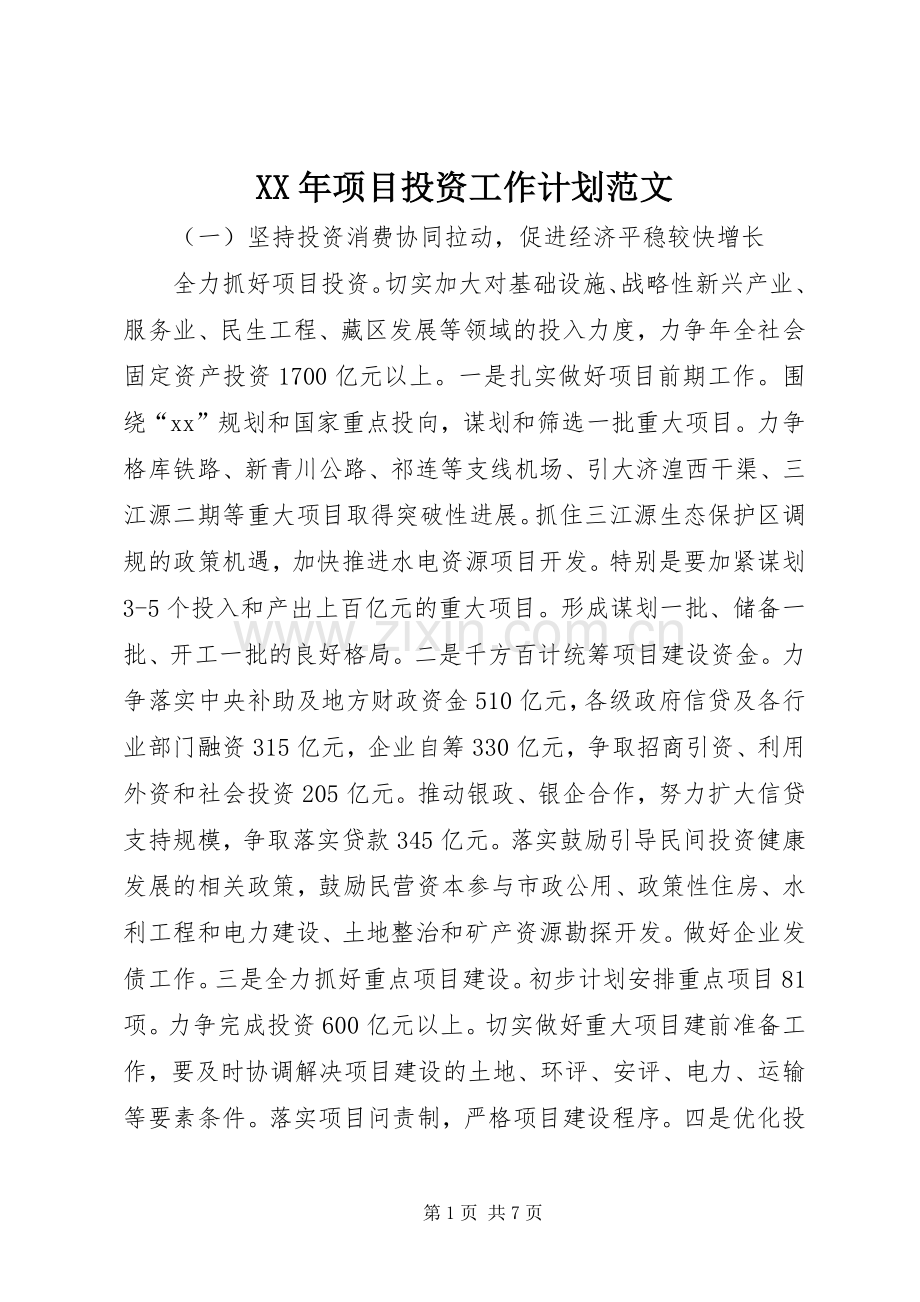 XX年项目投资工作计划范文.docx_第1页