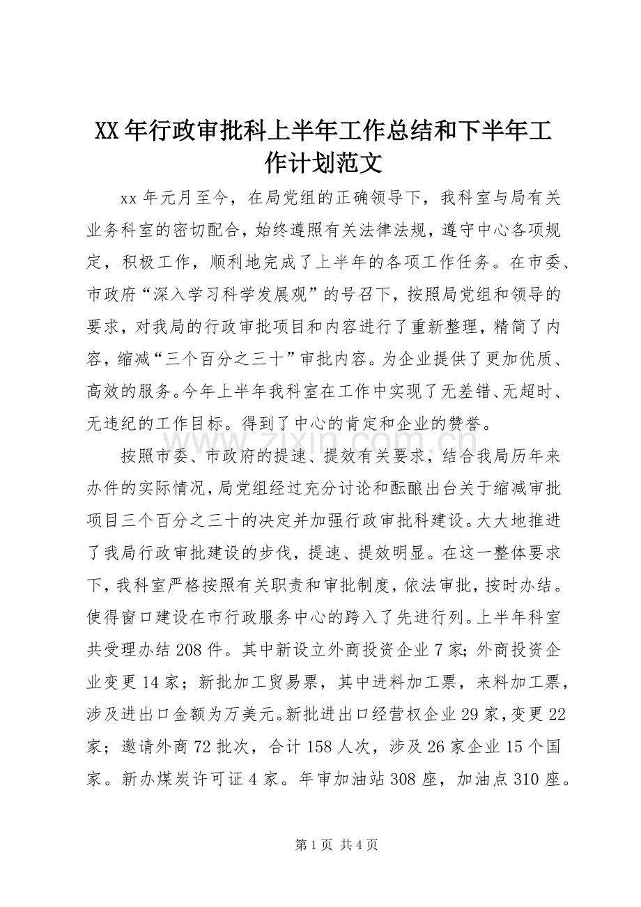 XX年行政审批科上半年工作总结和下半年工作计划范文.docx_第1页