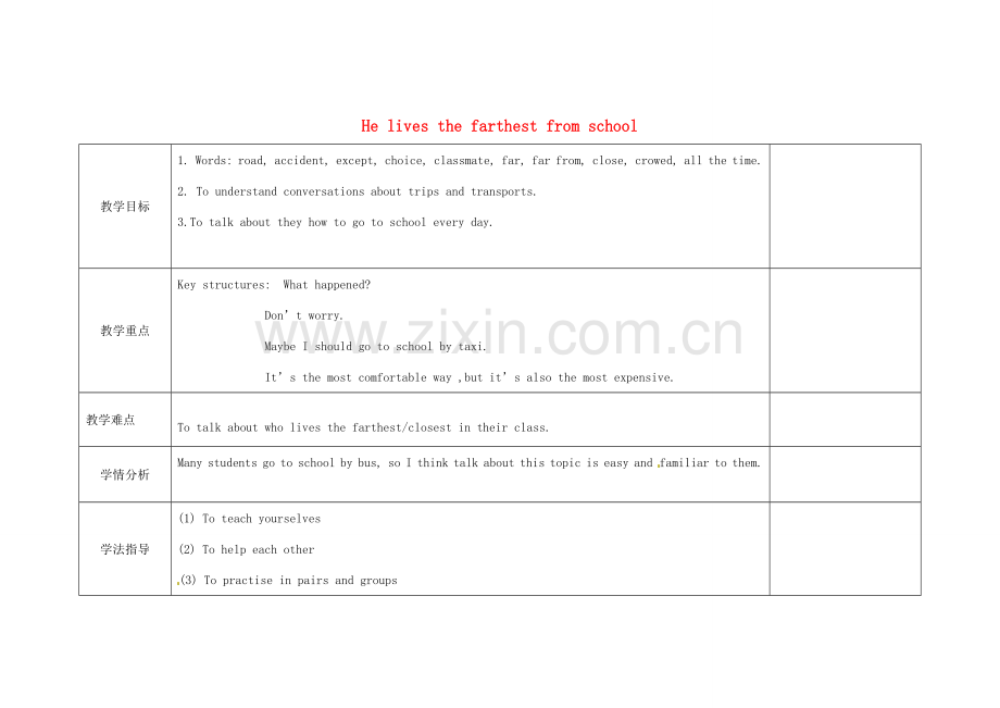 小学八年级英语上册 Module 4 Unit 1 He lives the farthest from school教案 （新版）外研版-（新版）外研版初中八年级上册英语教案.doc_第1页