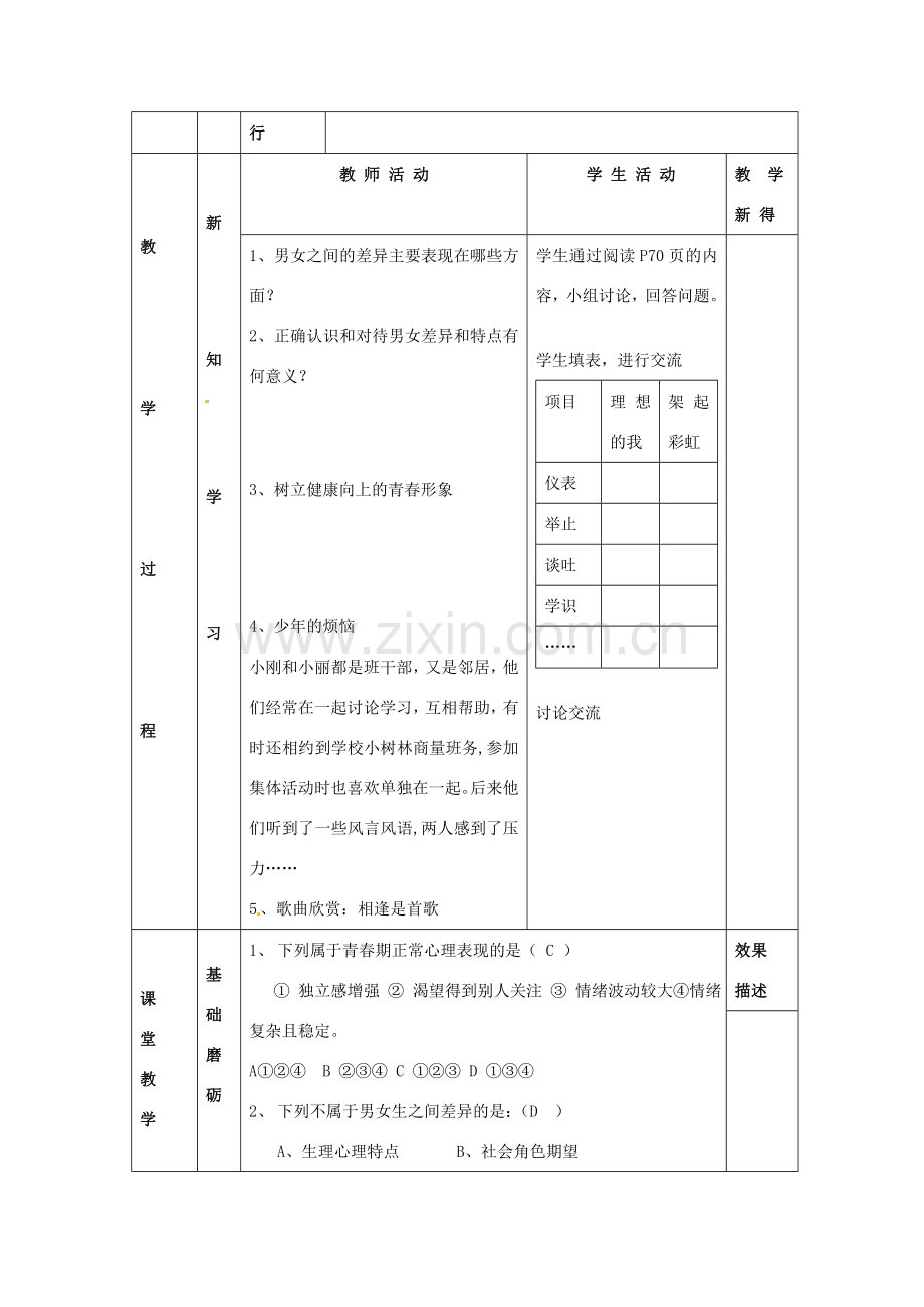 江苏省大丰市刘庄镇三圩初级中学七年级政治上册 第8课 第1框 认识差异 展示风采教案 苏教版.doc_第2页