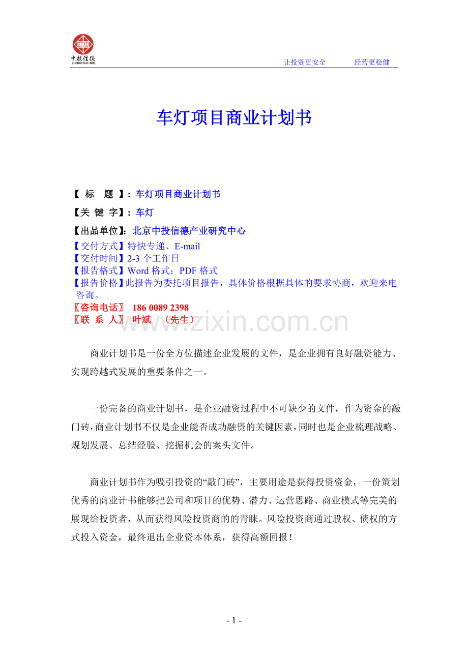 车灯项目商业计划书.doc_第1页