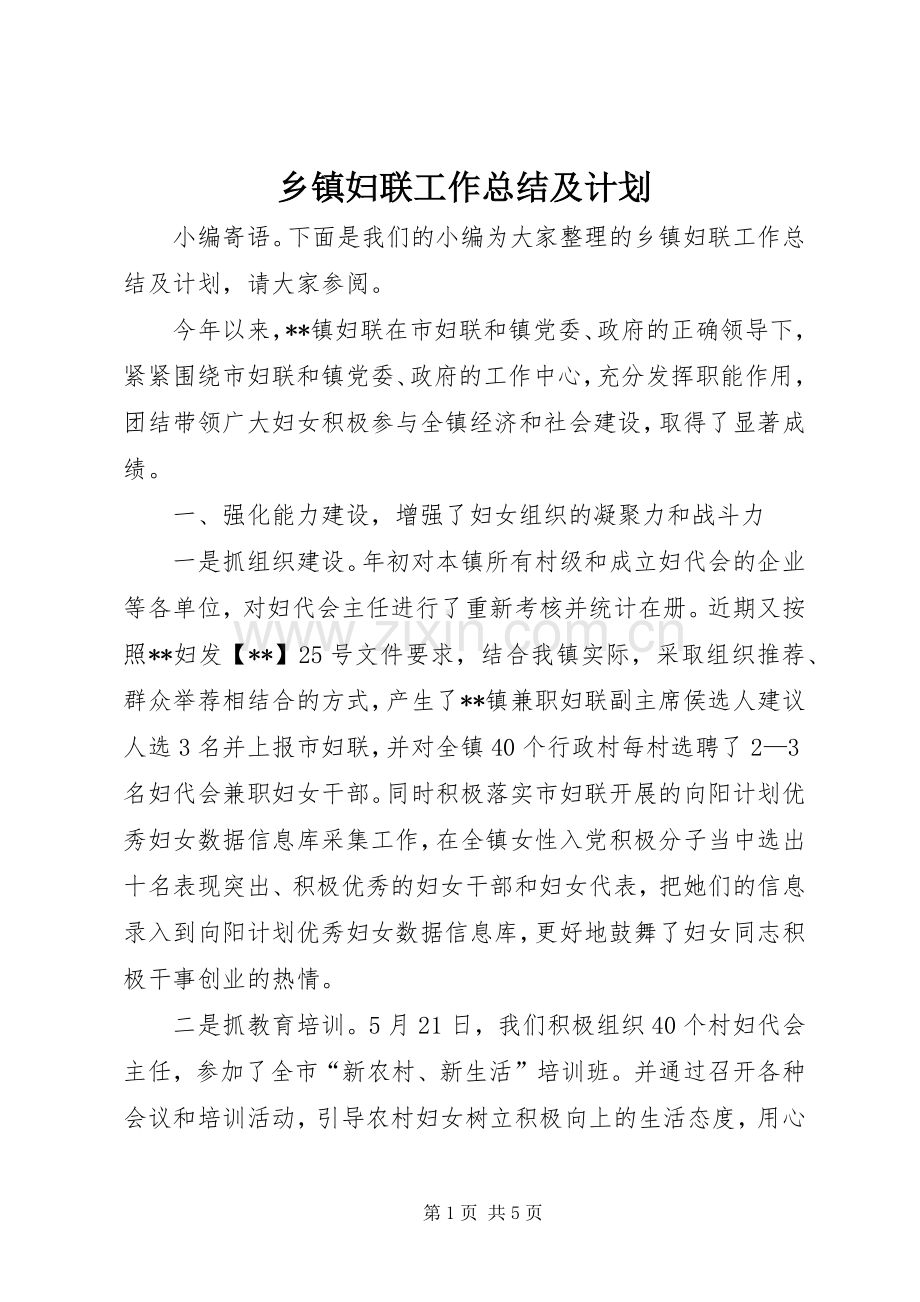 乡镇妇联工作总结及计划 .docx_第1页