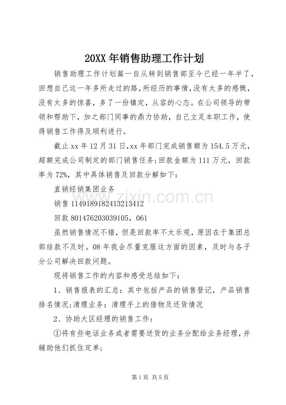 20XX年销售助理工作计划.docx_第1页