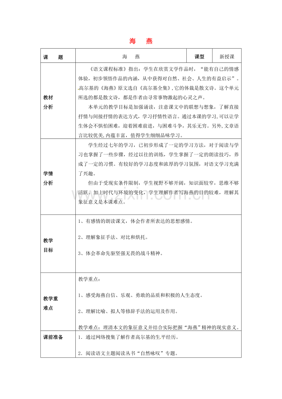 八年级语文下册 第二单元 9《海燕》教案 （新版）新人教版-（新版）新人教版初中八年级下册语文教案.doc_第1页