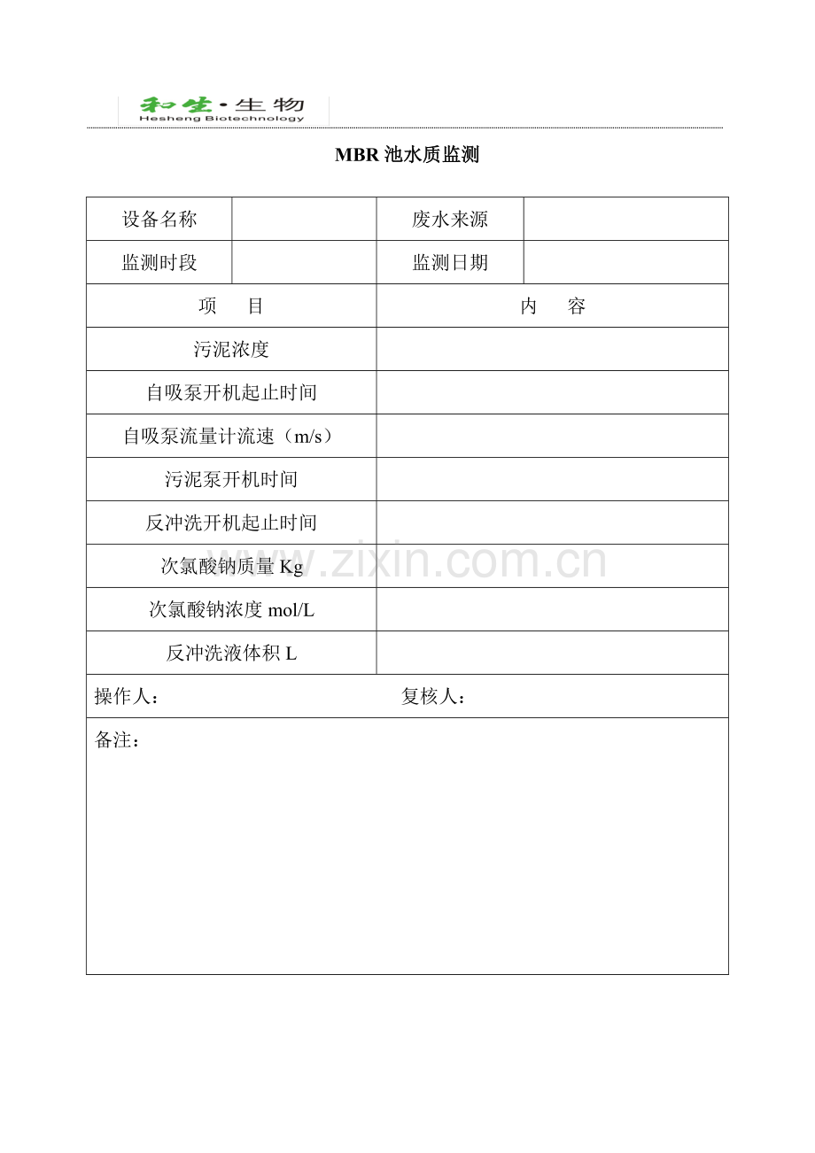 MBR池水质监测记录表.doc_第1页
