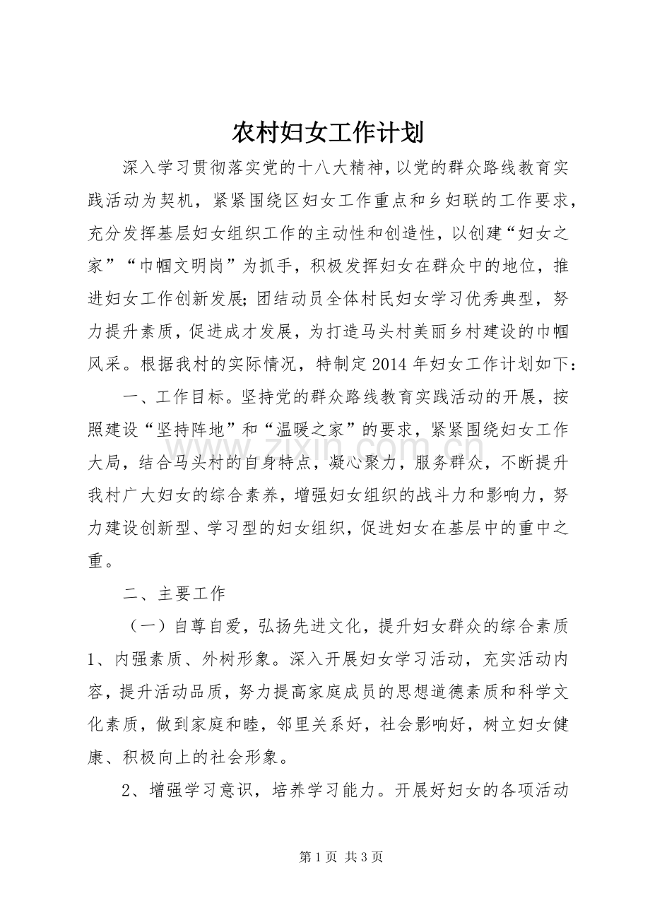 农村妇女工作计划.docx_第1页