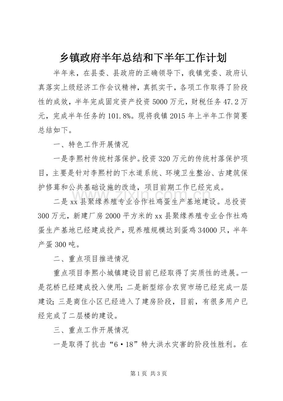 乡镇政府半年总结和下半年工作计划.docx_第1页
