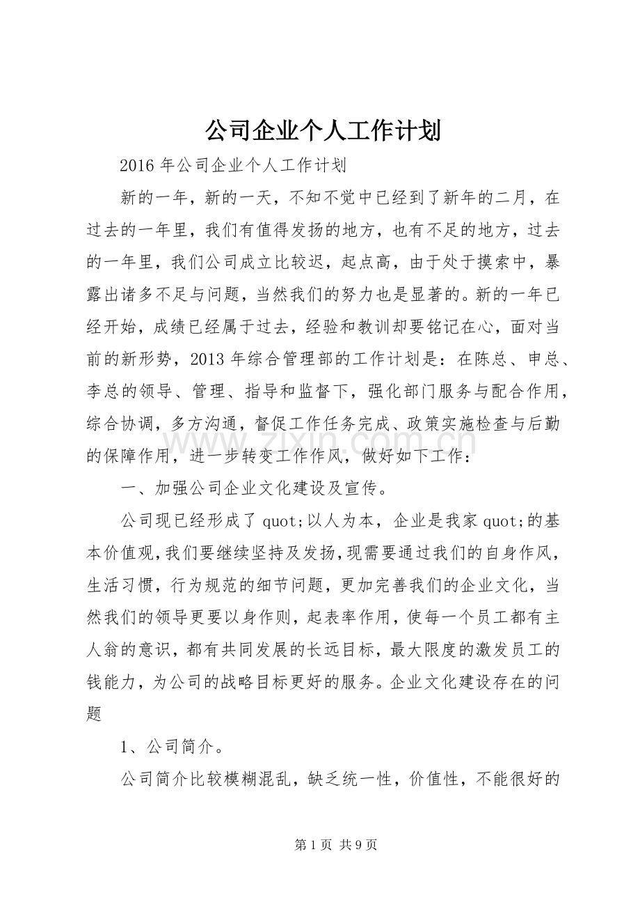 公司企业个人工作计划 .docx_第1页