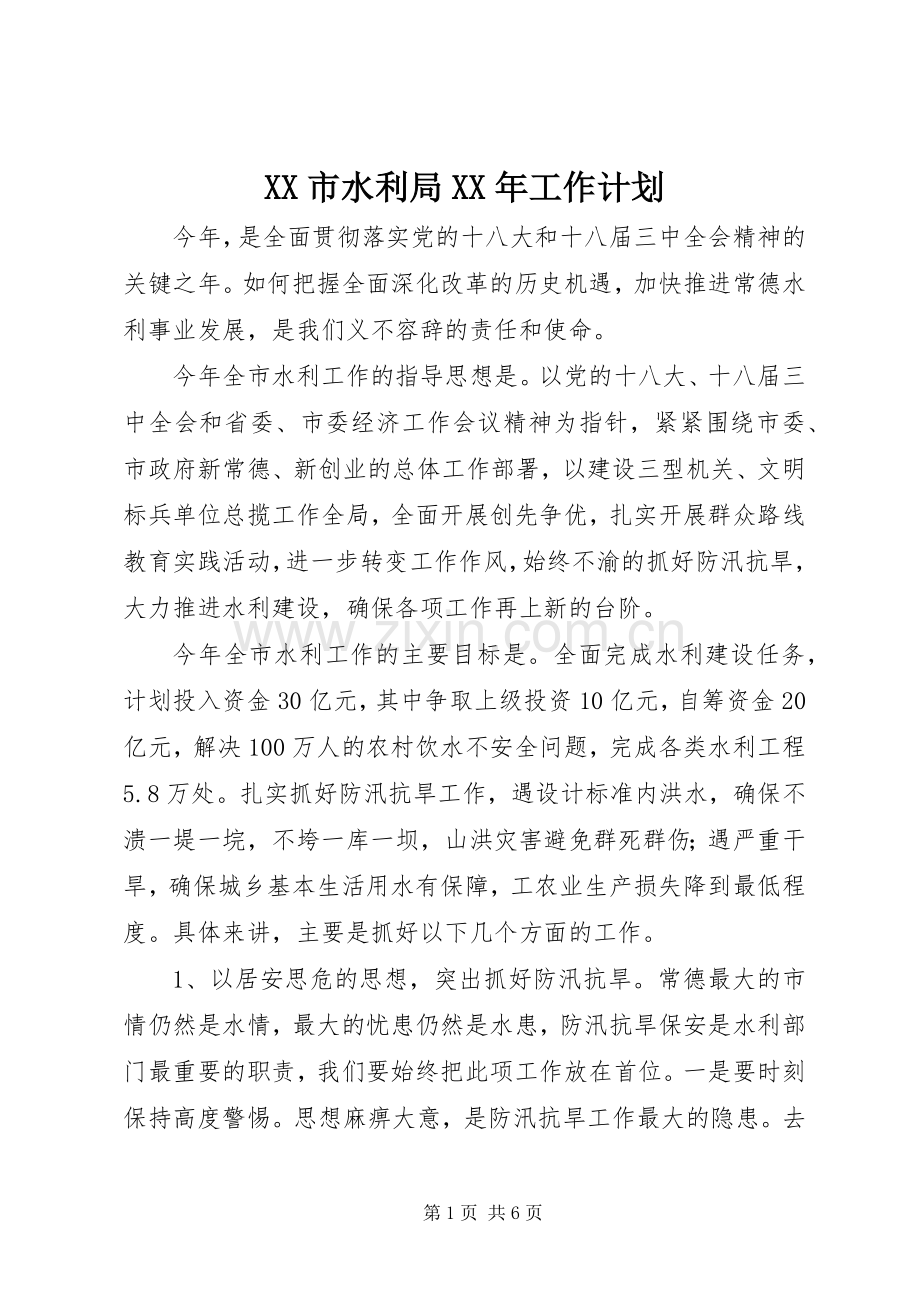XX市水利局XX年工作计划.docx_第1页