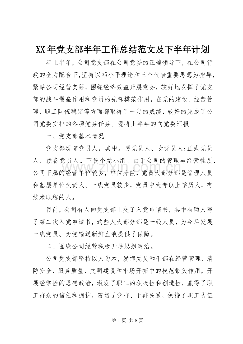 XX年党支部半年工作总结范文及下半年计划.docx_第1页