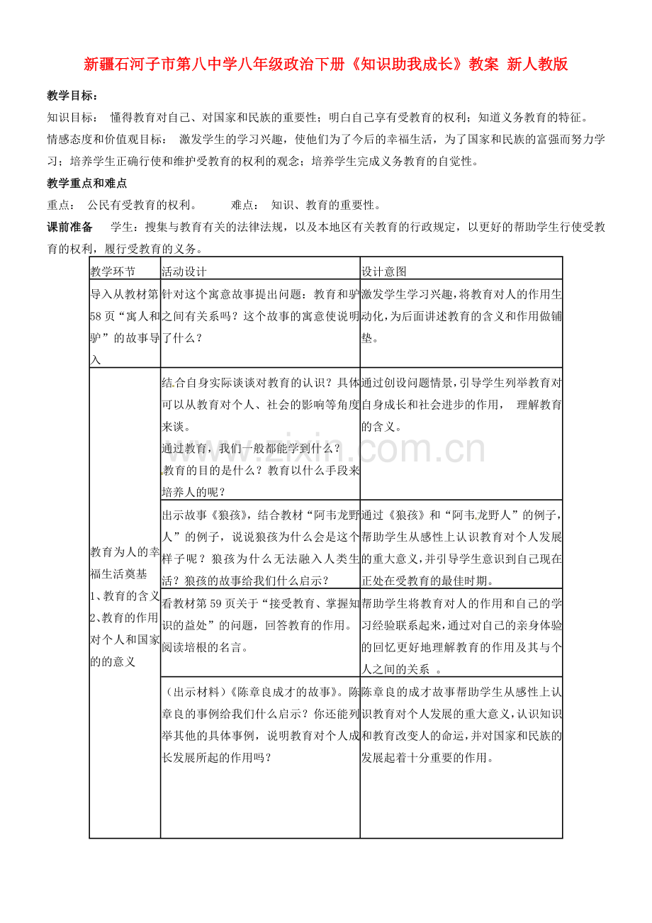 新疆石河子市第八中学八年级政治下册《知识助我成长》教案 新人教版.doc_第1页