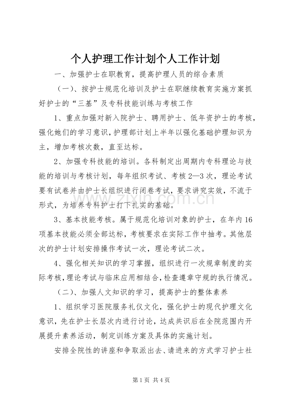 个人护理工作计划个人工作计划.docx_第1页