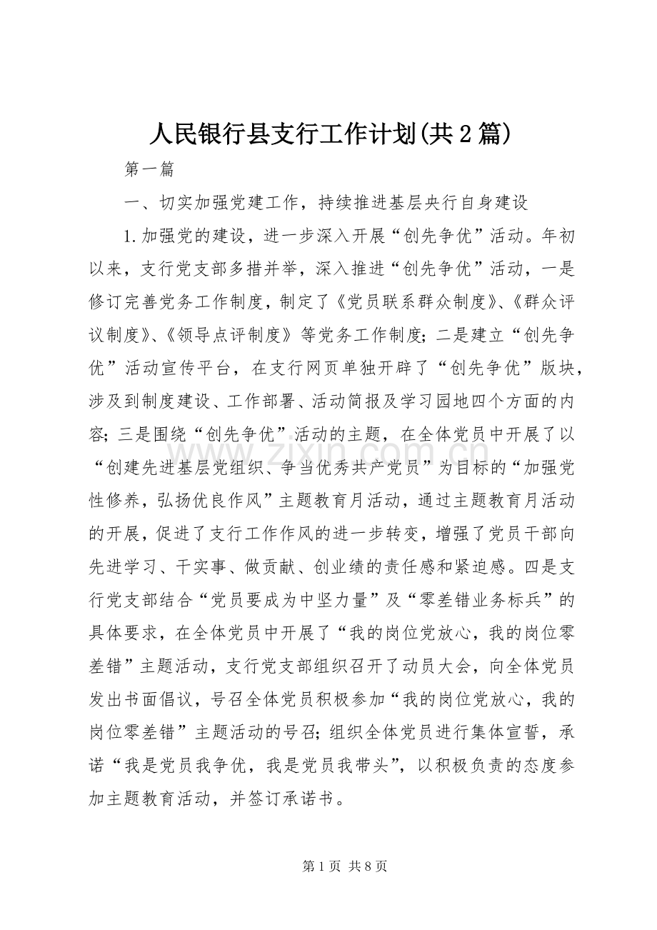 人民银行县支行工作计划(共2篇).docx_第1页