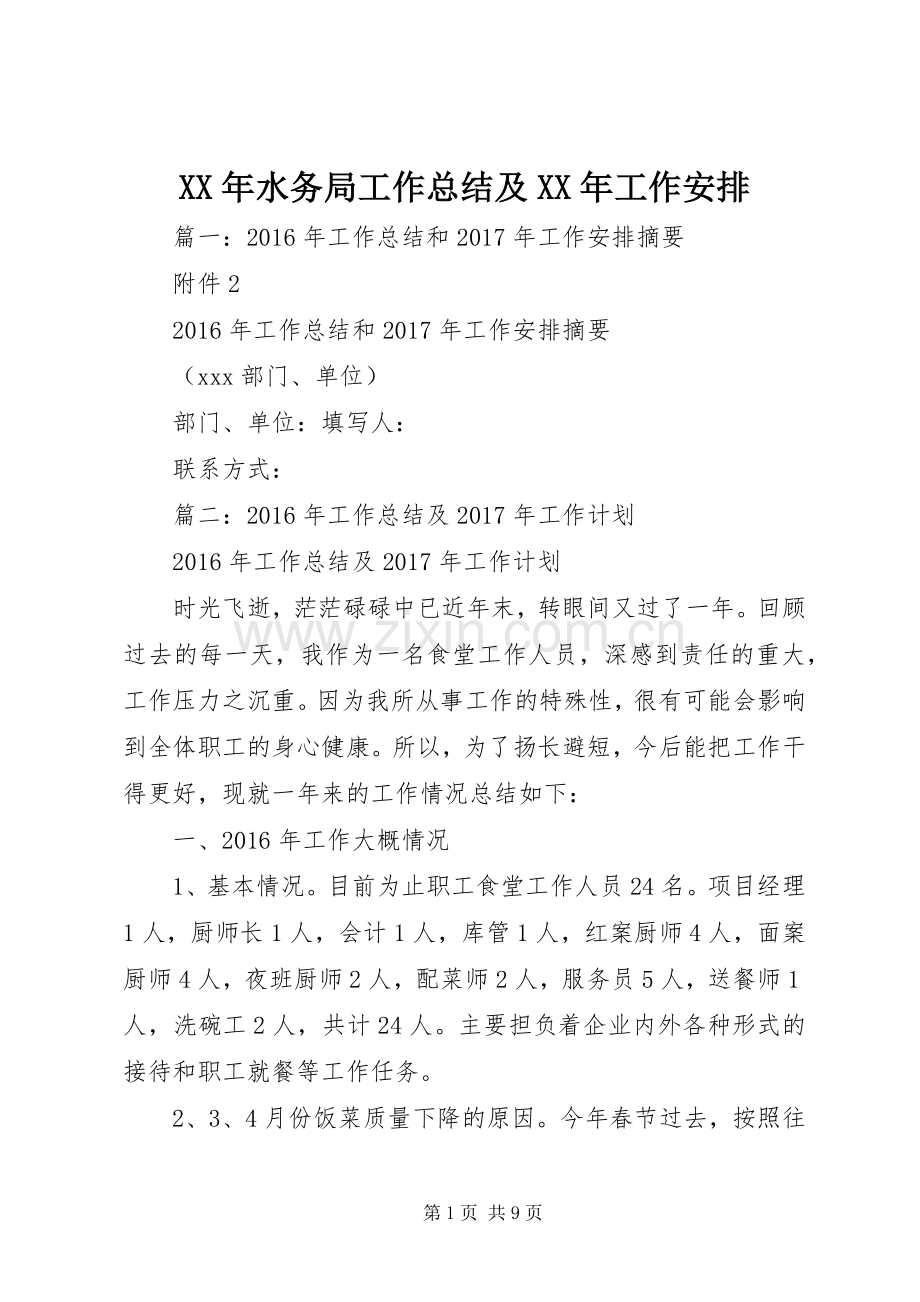XX年水务局工作总结及XX年工作安排 .docx_第1页