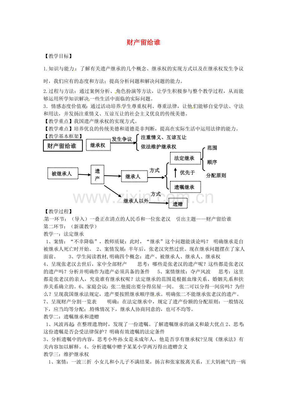 八年级政治下册 3.7.2 财产留给谁教案 新人教版-新人教版初中八年级下册政治教案.doc_第1页